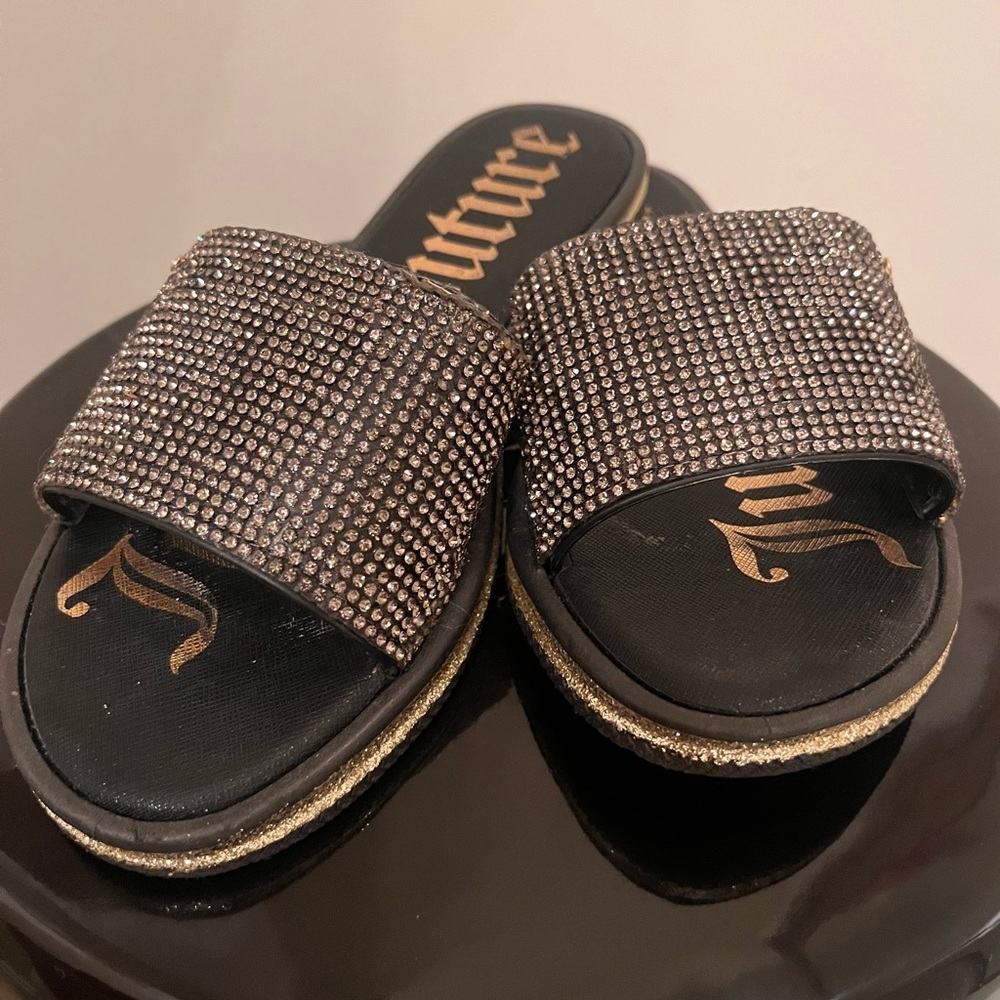 Juicy Couture Black and Gold Rhinestone Sandals